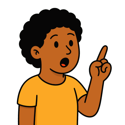 A person with short black curly hair wearing a yellow shirt holds their hand up speaking.