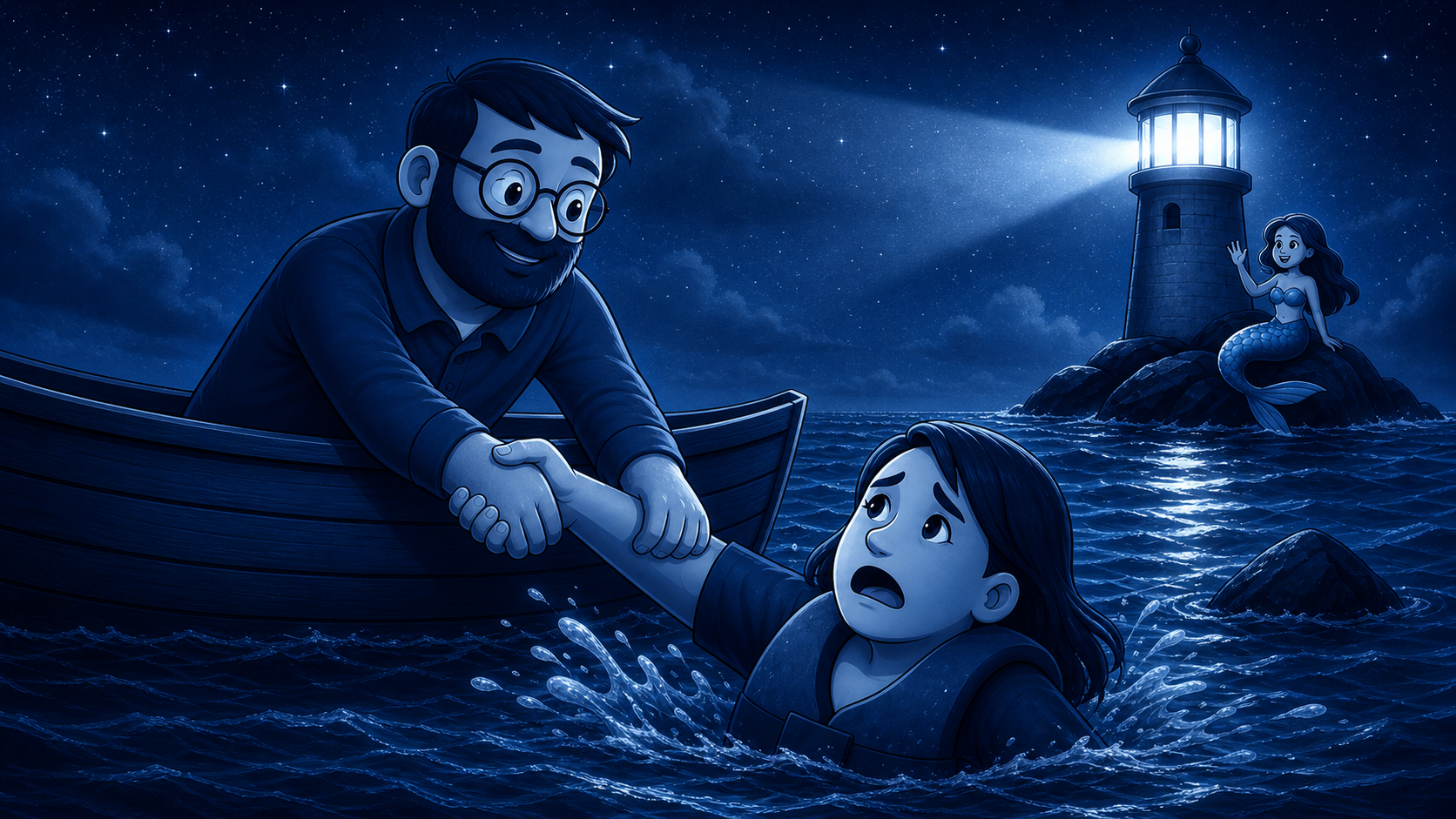 A man in a rowboat grasps the arm of a person in the water at night near a lighthouse and a mermaid.