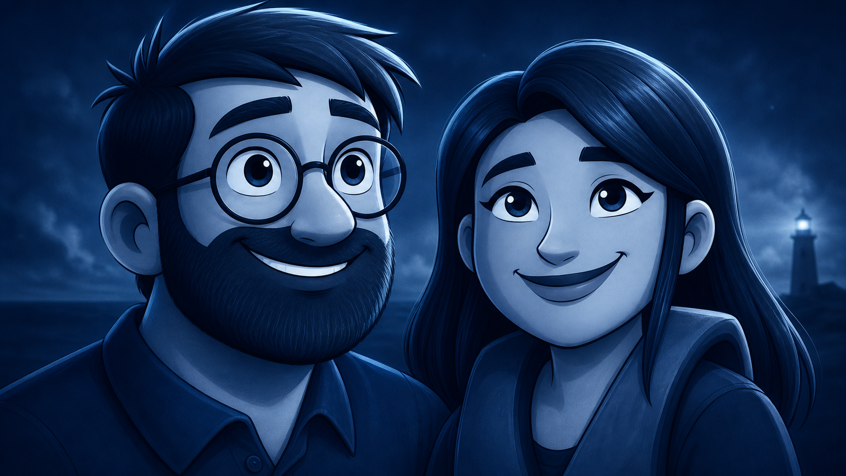 A smiling man with glasses and a beard next to a smiling woman with black hair.