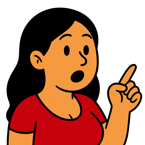 A woman with black hair in a red shirt holds one finger up looking surprised.