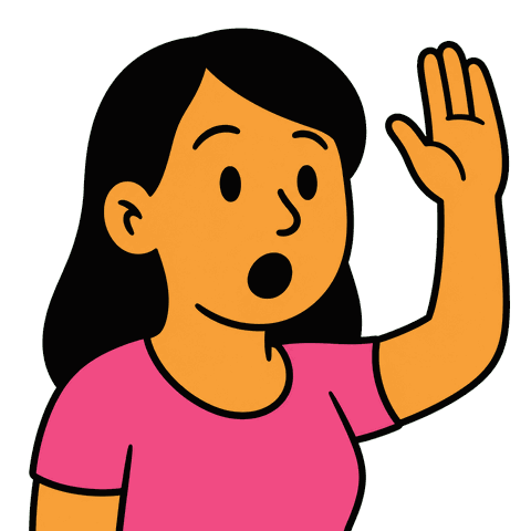 A woman with long black hair wearing a pink shirt holds her hand up looking surprised.