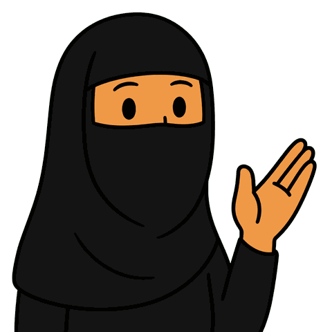 A woman wearing a black niqab holds her hand up looking surprised.