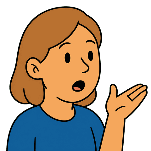A woman with brown hair wearing a blue shirt holds her hand up looking surprised.