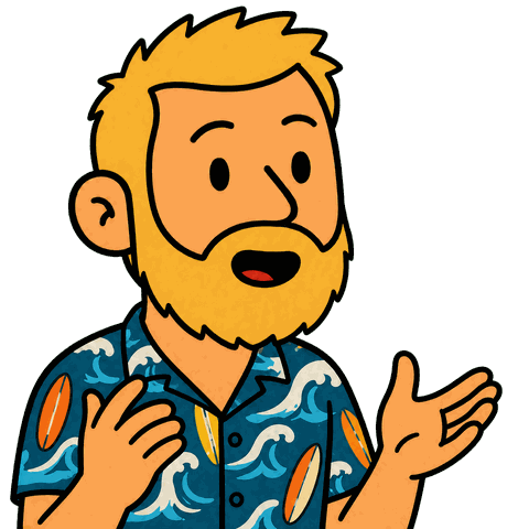 A blonde man with a beard wearing a blue shirt with surfboards holds his hand up looking surprised.