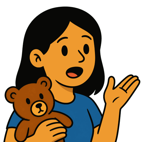 A woman with black hair wearing a blue shirt holding a brown teddy bear holds her hand up looking surprised.