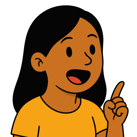 A woman with long black hair wearing a yellow shirt holds one finger up looking surprised.