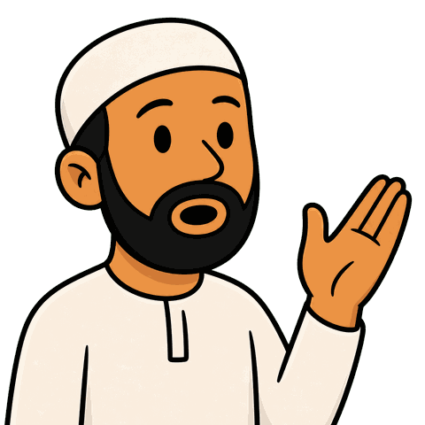 A man wearing a white kufi and a white shirt with a black beard holds his hand up looking surprised.