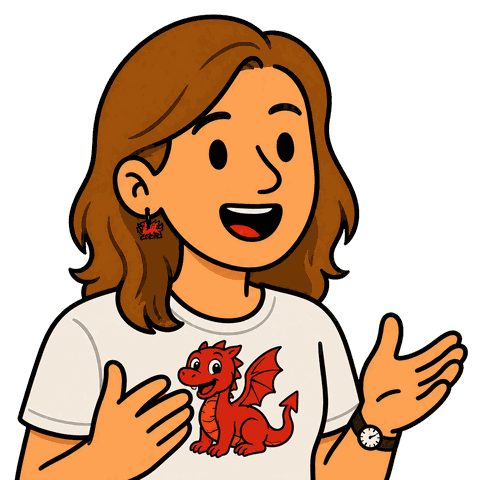 A woman with brown hair wearing a white shirt with a red dragon and a dragon earring holds her hand up.