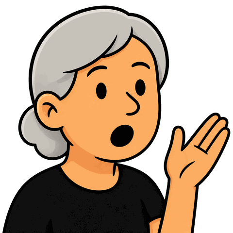 An older woman with grey hair wearing a black shirt holds her hand up looking surprised.