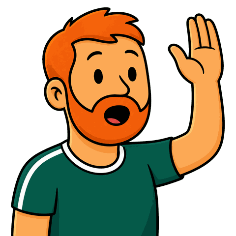 A man with red hair and a beard wearing a green shirt with a white shoulder stripe holds his hand up looking surprised.