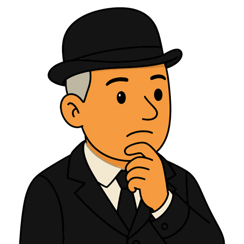 An older man in a black suit, tie, and bowler hat rests his hand on his chin looking contemplative.