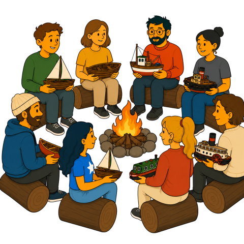 People sitting on logs around a campfire, each holding a model boat.