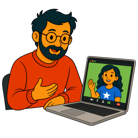 A man in a red sweater video calling a woman who is waving on the laptop screen.