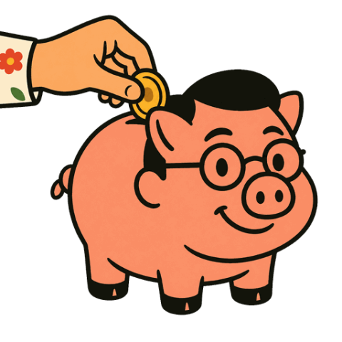 A hand drops a gold coin into a pink piggy bank that resembles a man with glasses and black hair.