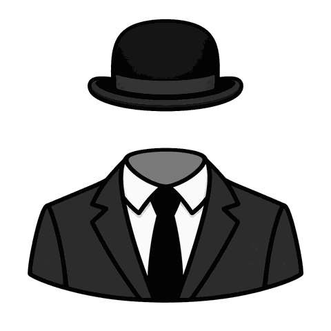 A grey suit jacket, tie, and black bowler hat hover above an invisible head.