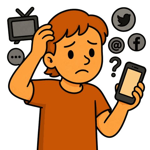 A woman with brown hair holding a smartphone looks sad surrounded by floating social media icons.