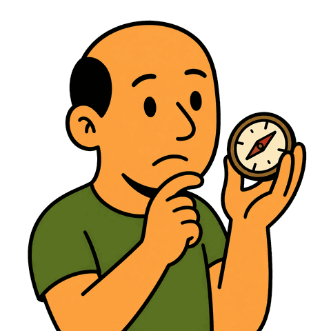 A bald man in a green shirt holds a compass looking confused.