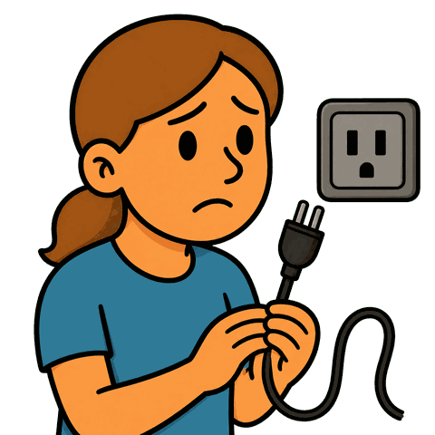 A woman with brown hair in a blue shirt holds a black plug looking sad near a grey electrical outlet.