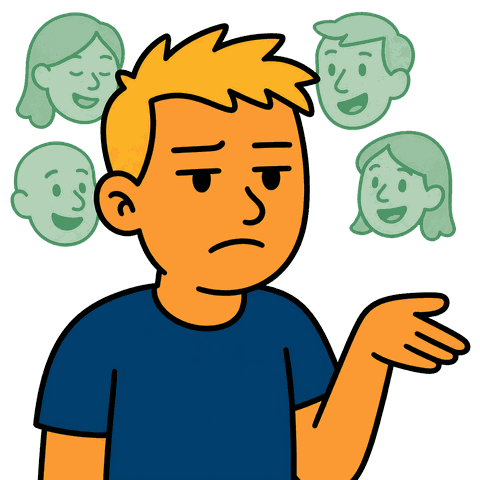 A boy with blonde hair in a blue shirt looks sad surrounded by translucent green floating faces.