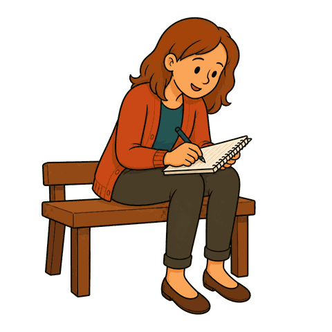 A woman with brown hair wearing a red cardigan sits on a brown bench writing in a notebook.