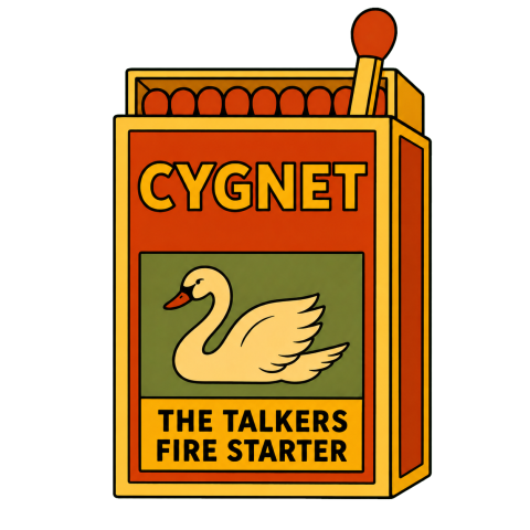 A box of matches labelled CYGNET THE TALKERS FIRE STARTER with a drawing of a Cygnet.