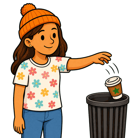 A woman in a floral shirt and orange beanie throws a coffee cup with a green star into a trash can.