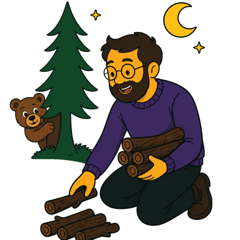 A man with a beard in a purple shirt kneels to lay logs for a campfire at night while a bear watches.