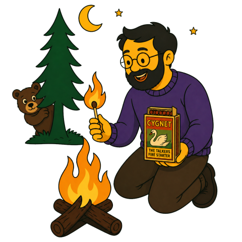 A man with a beard and glasses in a purple shirt lights a fire with a match from a CYGNET box.