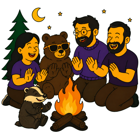 A woman, two men, and a bear wearing sunglasses sit around a campfire warming their hands while a badger watches.