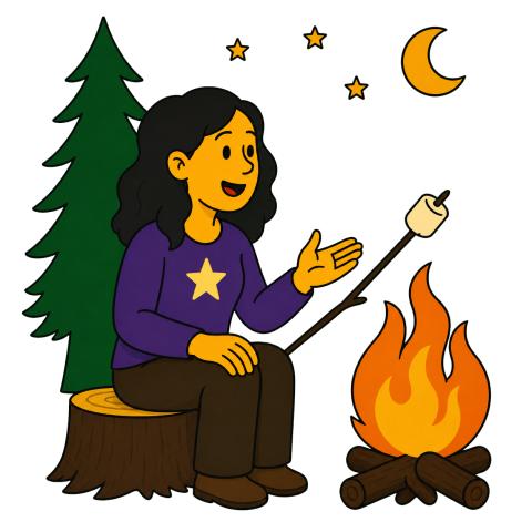 A woman in a purple starry shirt roasts a marshmallow over a campfire at night.