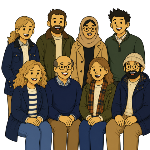 A diverse group of eight smiling people stands and sits together in a group photo.