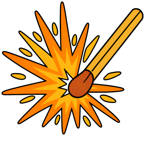 A lit match erupts with yellow and orange sparks.