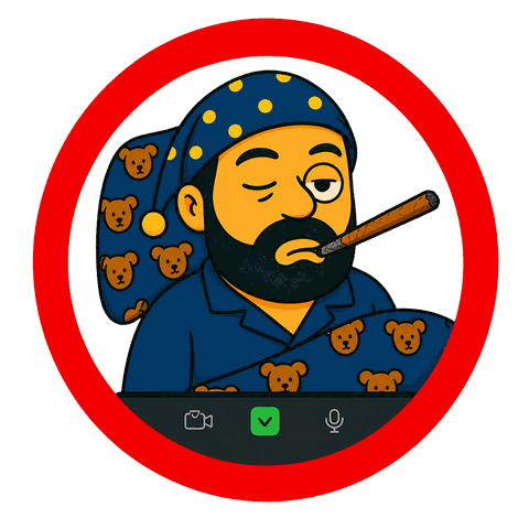 A red circle surrounds a man with a beard in blue teddy bear pyjamas smoking a cigar.
