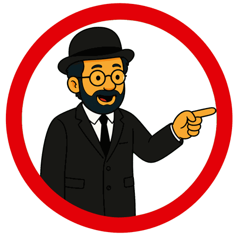 A red circle surrounds a man with a beard and glasses in a black suit and bowler hat pointing.