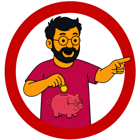 Eric in a magenta t-shirt with a piggy bank, inserting a coin inside a red circle.