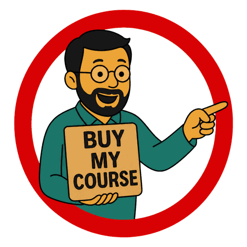 A red circle surrounds a man with a beard in a green shirt pointing while holding a BUY MY COURSE sign.