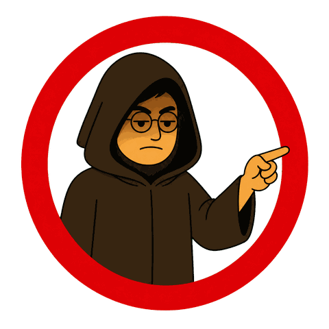 A red circle surrounds a person in a brown hooded robe and glasses pointing.