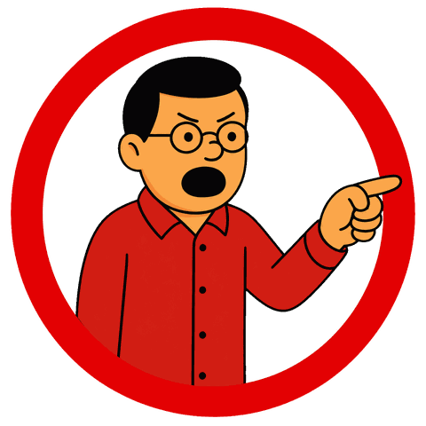A red circle surrounds a man with glasses in a red shirt pointing and yelling.