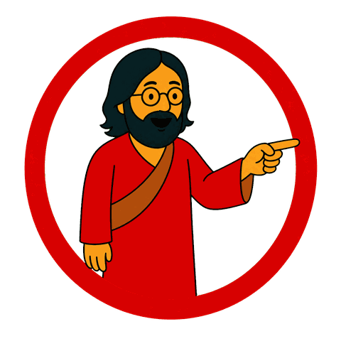 A red circle surrounds a man with a beard and glasses in a red robe pointing.