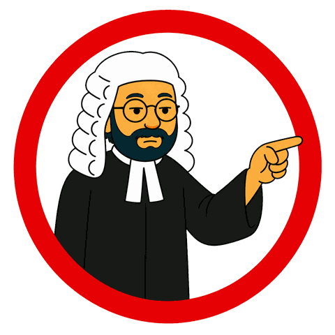 A red circle surrounds a man with a beard in a judge's wig and robe pointing.