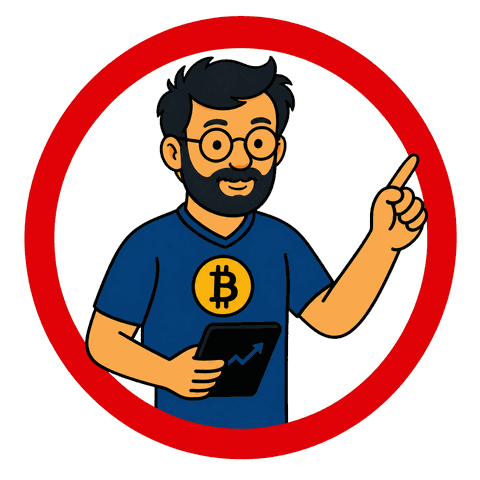 A red circle surrounds a man in a blue bitcoin shirt pointing while holding a tablet with a chart.