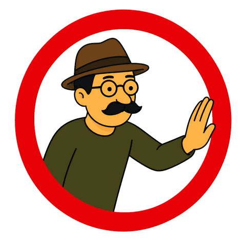 A man with a black moustache and glasses wearing a brown hat and green shirt holds his hand out inside a red circle.