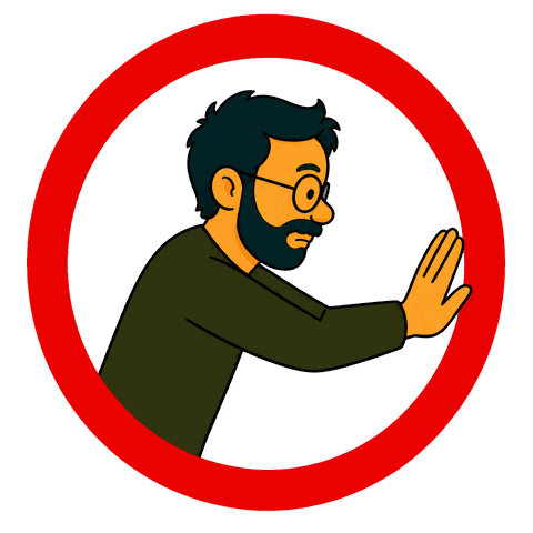 A man with a black beard and glasses wearing a green shirt pushes his hand forward inside a red circle.