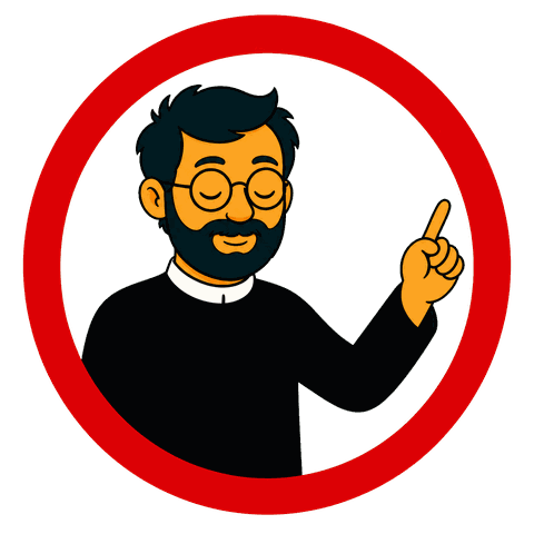 A man with a black beard and glasses wearing a black shirt with a white collar points one finger up inside a red circle.