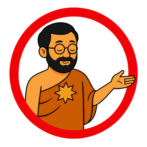 A man with a black beard and glasses wearing an orange robe with an eight-pointed star holds his hand out in a red circle.