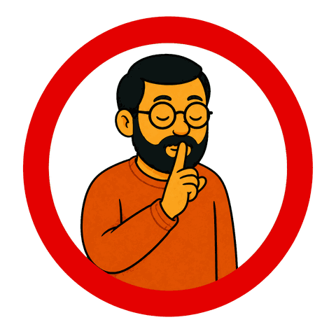 A man with a black beard and glasses wearing an orange shirt holds one finger to his lips inside a red circle.