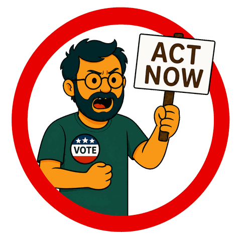 A man with a black beard and glasses in a green shirt with a VOTE pin holds an ACT NOW sign inside a red circle.