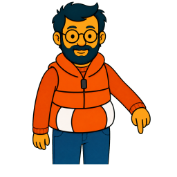 A man with a black beard and glasses wearing an orange vest points down.