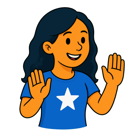 A woman with black hair wearing a blue shirt with a white star holds up her hands.