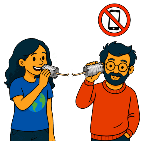 A woman and a man hold a string phone while a crossed-out smartphone icon floats above.